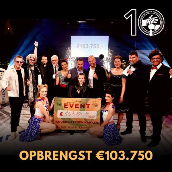 Foto van White Color boksevenement ter bestrijding van kanker met Flexcraft als hoofdsponsor. Opbrengst ging naar de strijd tegen kanker. Deelnemers boksten voor het goede doel.